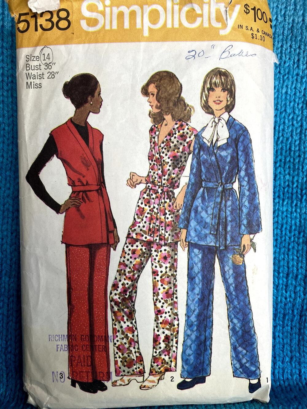 Simplicity 5138 Sewing pattern wide leg pants wrap jacket blouse 1970s size 14